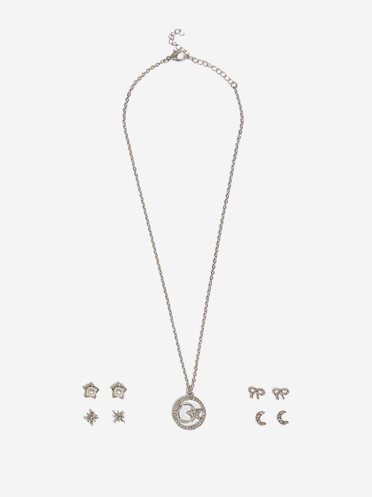 Westside Accessories Silver Star Moon Pendant Necklace Earrings Set