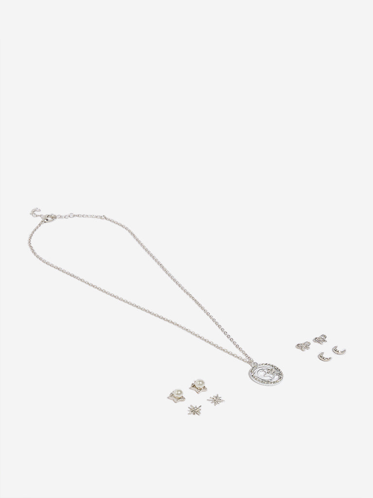 Westside Accessories Silver Star & Moon Pendant Necklace & Earrings Set