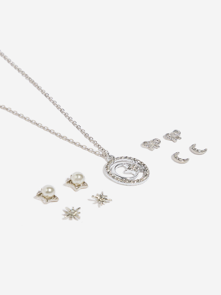Westside Accessories Silver Star & Moon Pendant Necklace & Earrings Set