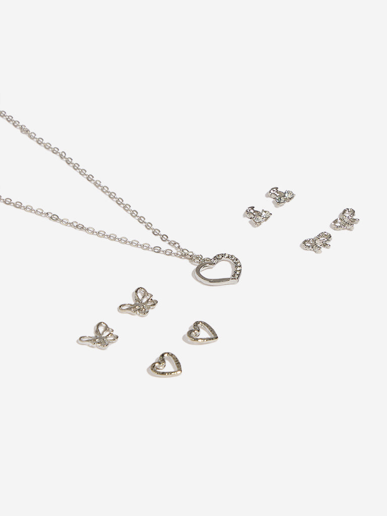 Westside Accessories Silver Heart Pendant Necklace & Earrings Set