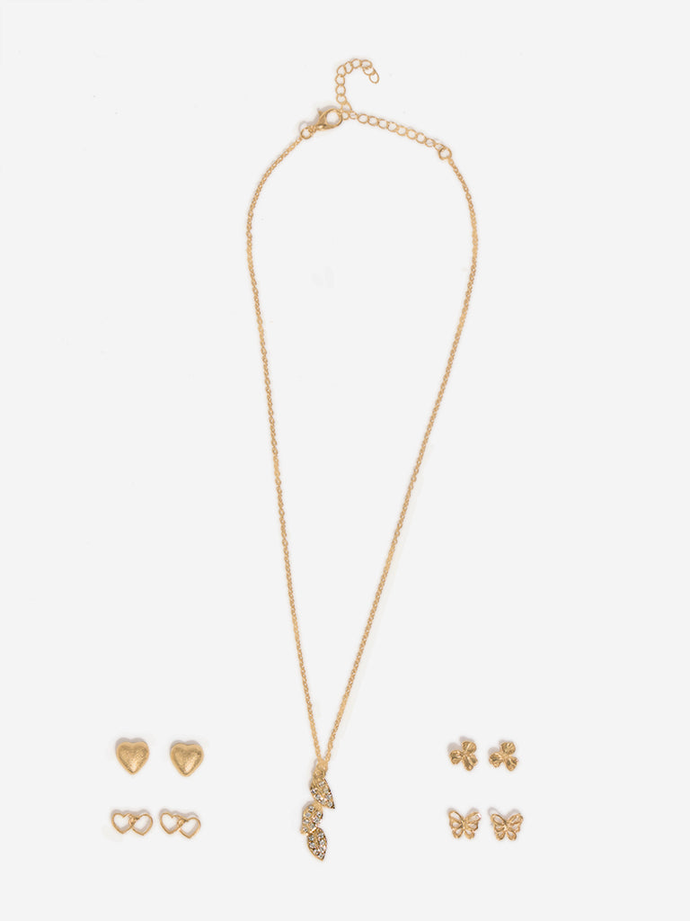 Westside Accessories Gold Leaf-Designed Pendant Necklace & Earrings Set