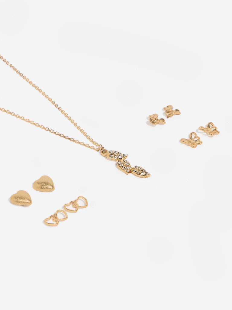 Westside Accessories Gold Leaf-Designed Pendant Necklace & Earrings Set
