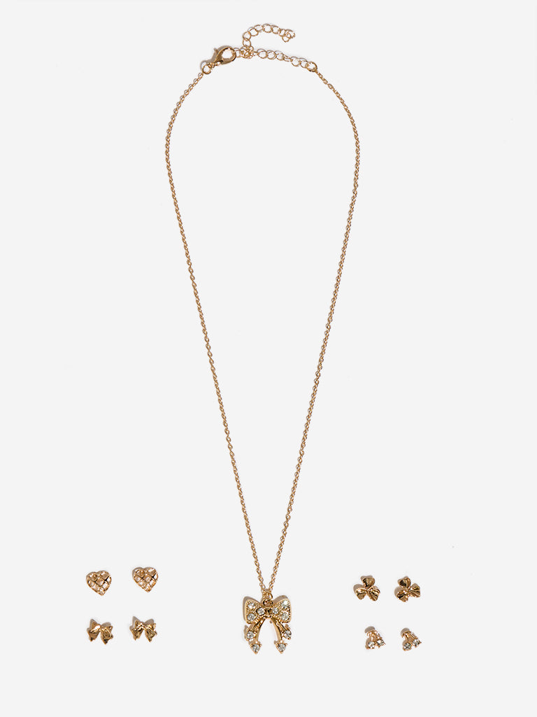 Westside Accessories Gold Bow-Designed Pendant Necklace & Earrings Set