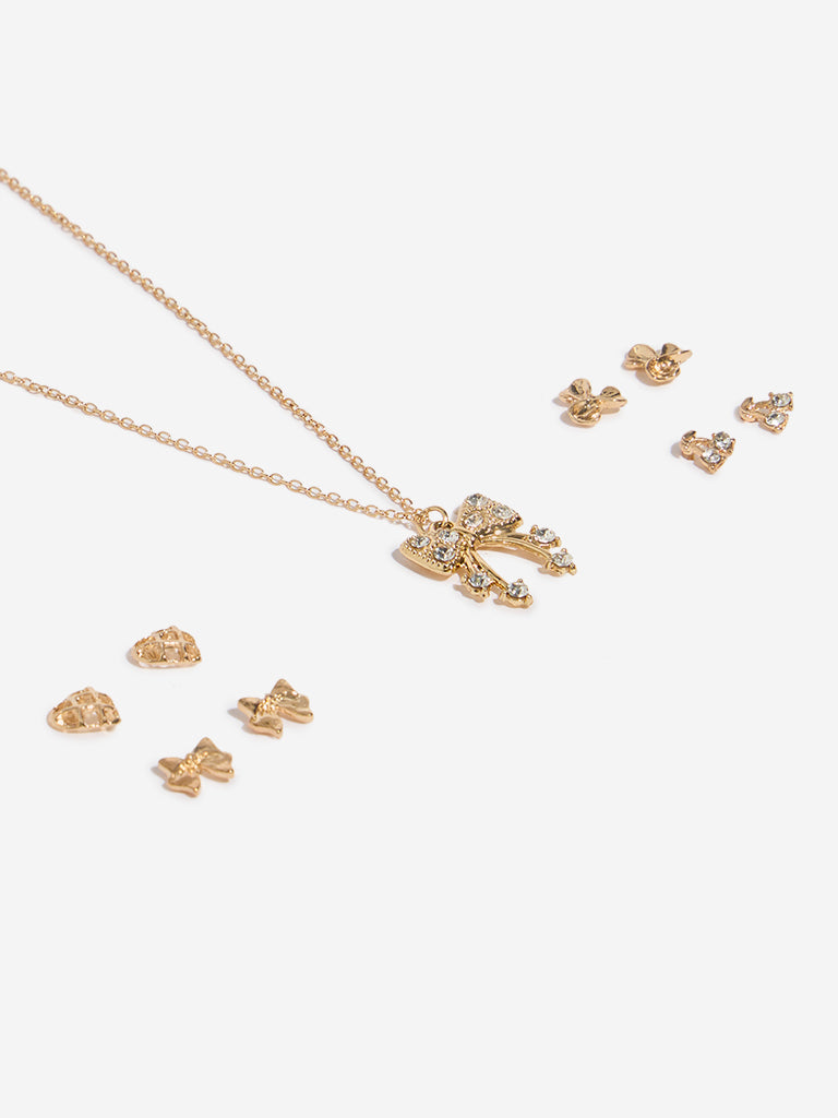 Westside Accessories Gold Bow-Designed Pendant Necklace & Earrings Set