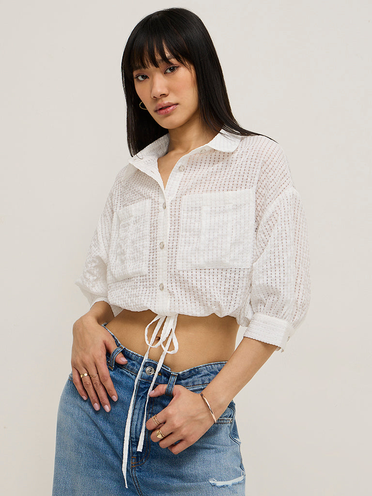 Nuon White Waffle-Textured Crop Top - Main Image