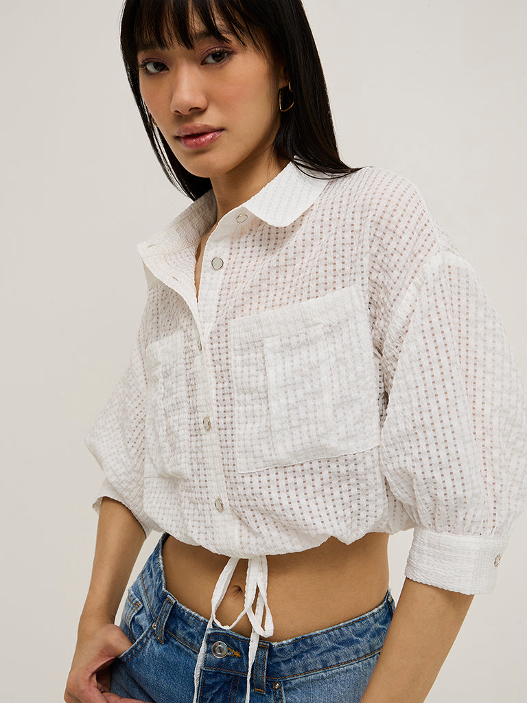 Nuon White Waffle-Textured Crop Top
