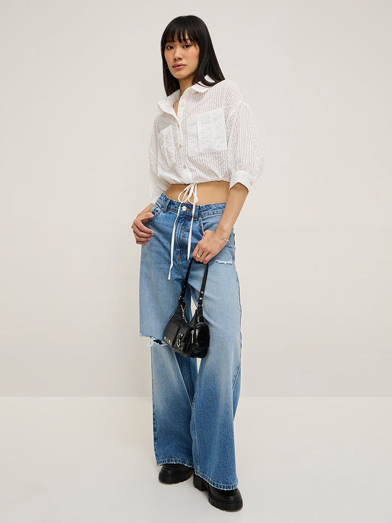 Nuon White Waffle-Textured Crop Top