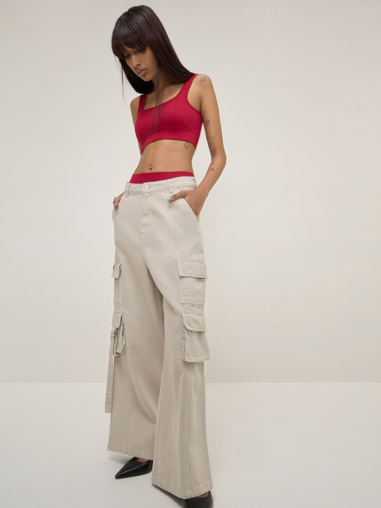 Nuon Grey Wide-Leg High-Rise Cargo-Style Jeans - Main Image