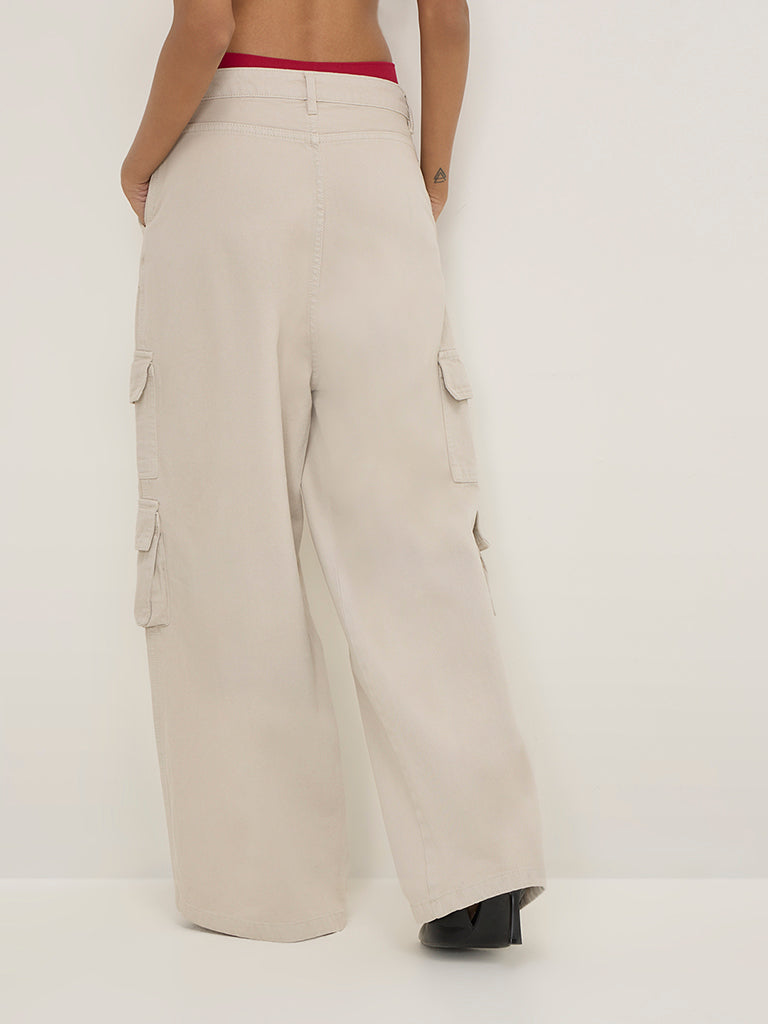 Nuon Grey Wide-Leg High-Rise Cargo-Style Jeans