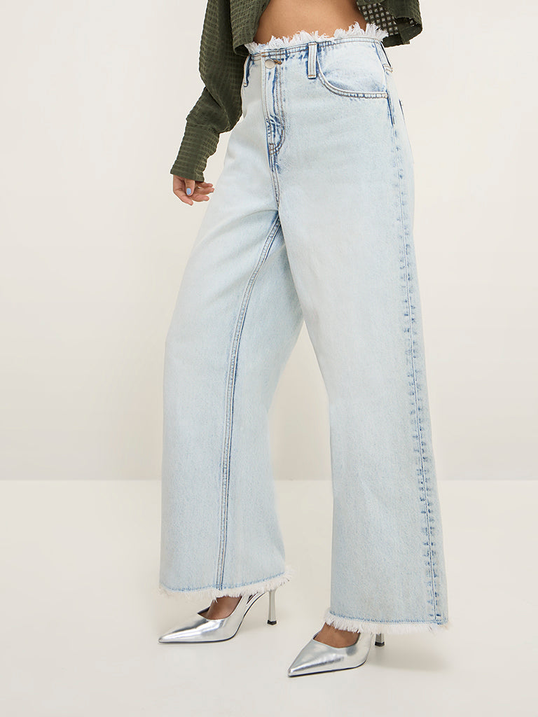 Nuon Light Blue Fringe-Detailed Relaxed - Fit High - Rise Jeans