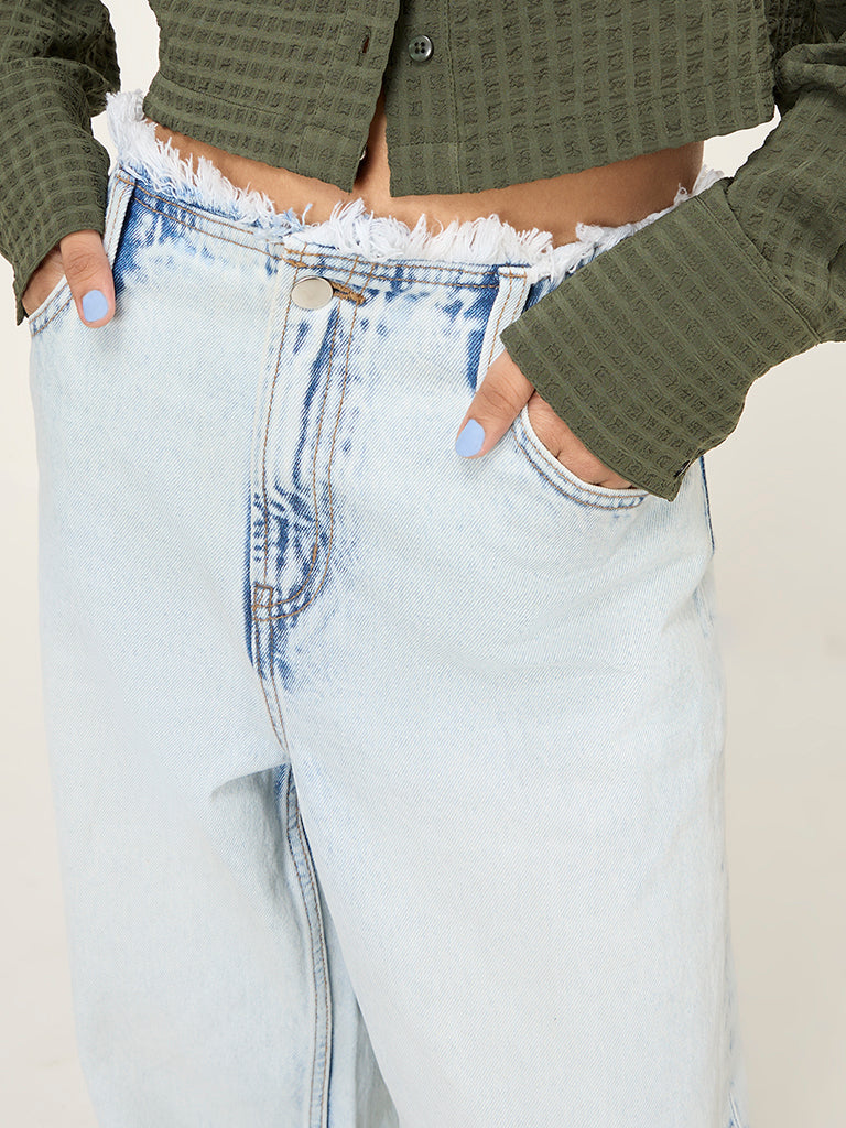 Nuon Light Blue Fringe-Detailed Relaxed - Fit High - Rise Jeans