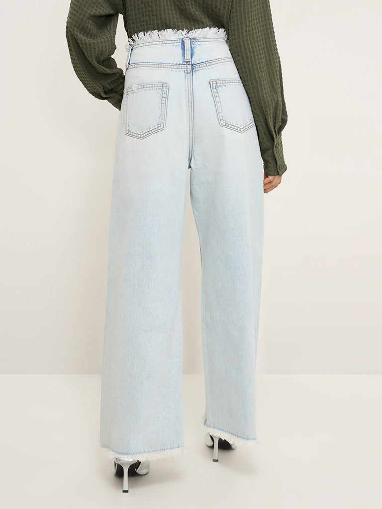 Nuon Light Blue Fringe-Detailed Relaxed - Fit High - Rise Jeans