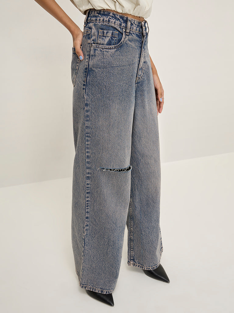 Nuon Blue Distressed Wide - Leg Fit High - Rise Jeans
