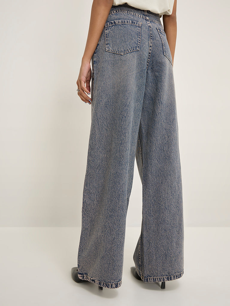 Nuon Blue Distressed Wide - Leg Fit High - Rise Jeans