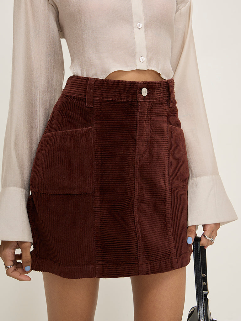 Nuon Dark Brown High-Rise Corduroy Cotton Skirt