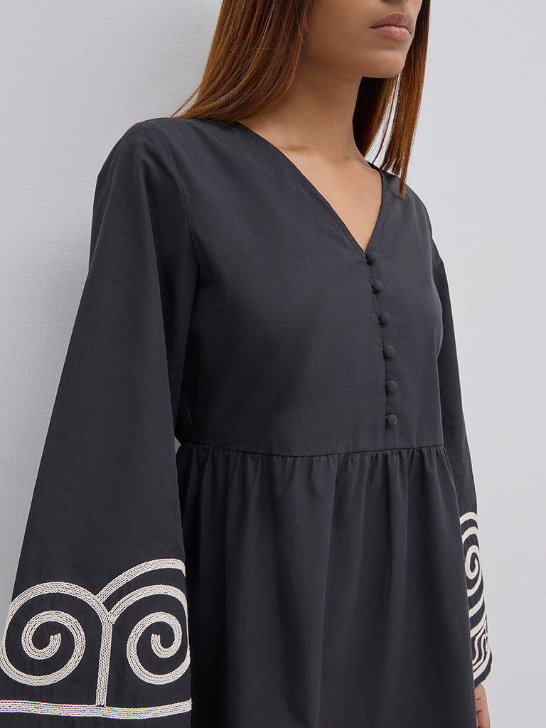LOV Black Embroidered Cotton A-Line Dress