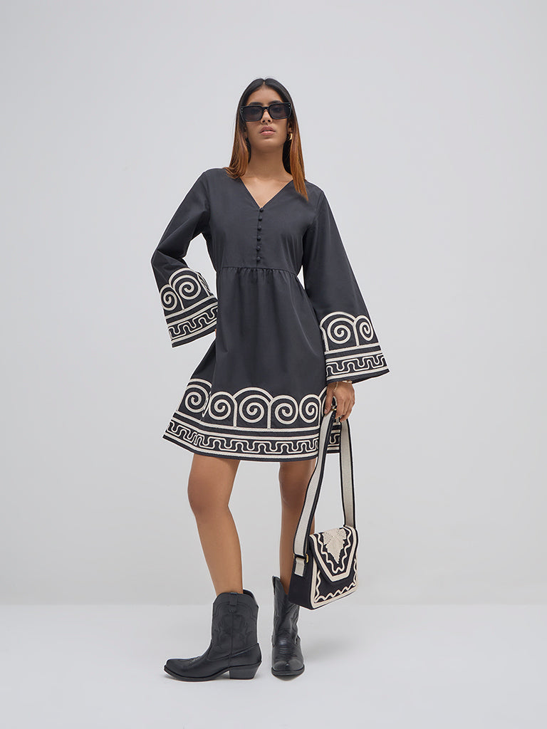 LOV Black Embroidered Cotton A-Line Dress