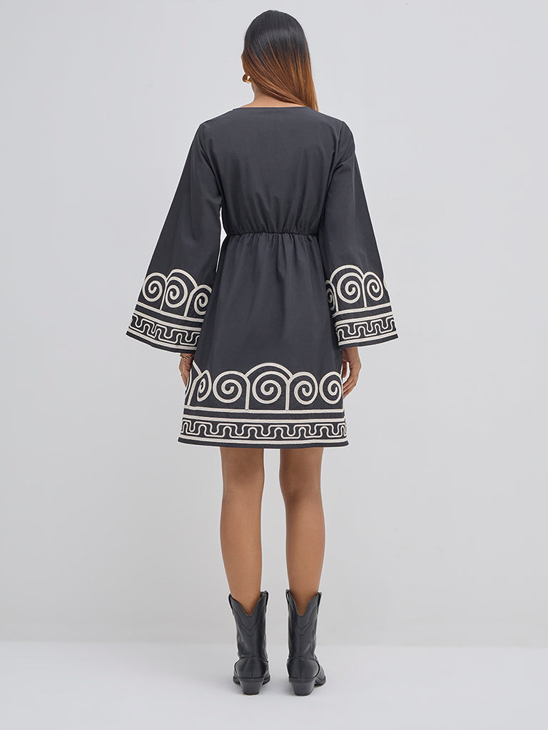 LOV Black Embroidered Cotton A-Line Dress