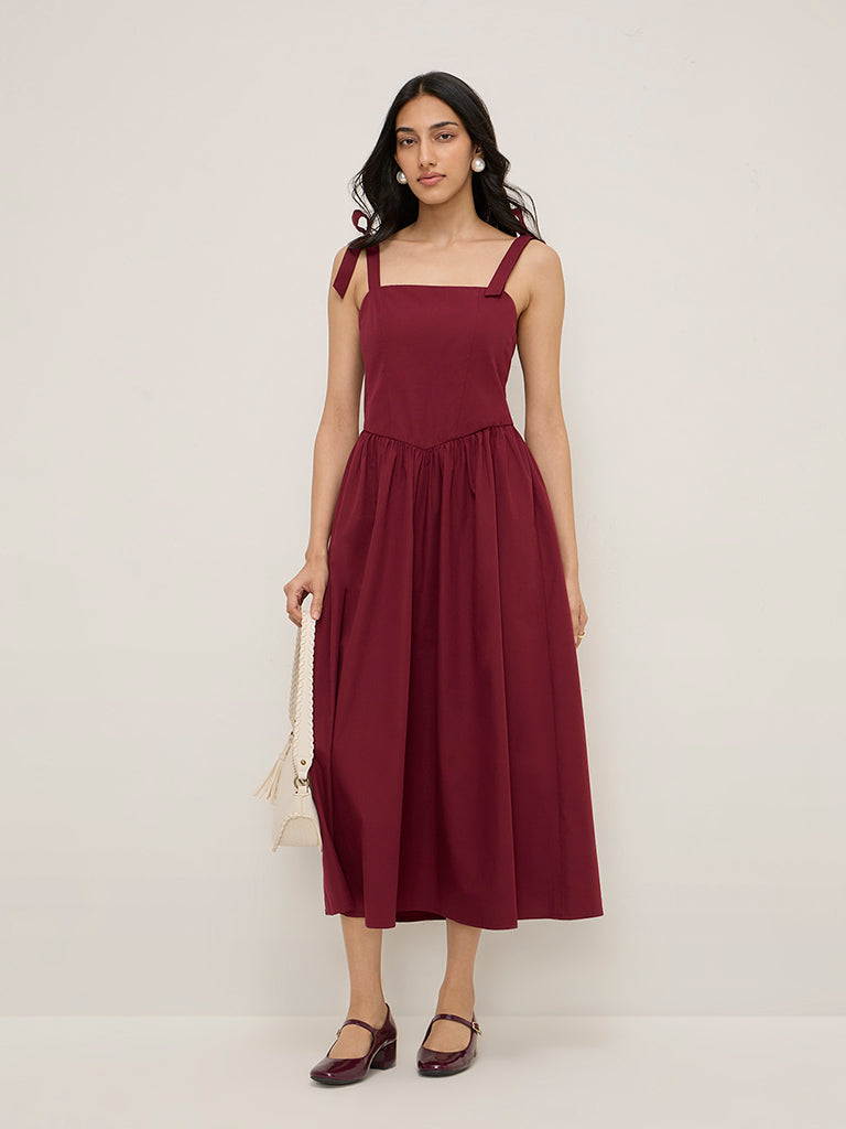 Buy LOV Burgundy Tie-Up Detailed A-Line Cotton Dress from Westside