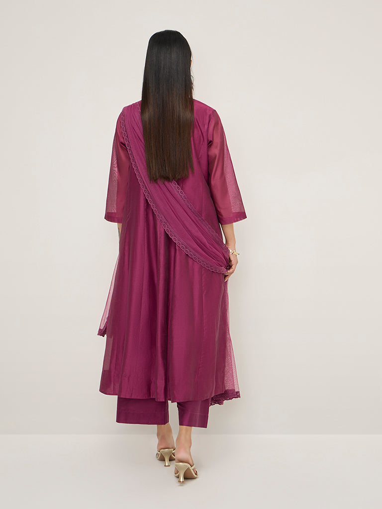 Westside Vark Women's Dark Pink Floral Cotton-Blend A-Line Kurta, Palazzos & Dupatta Set for Festive Wear Festive Wear Back View