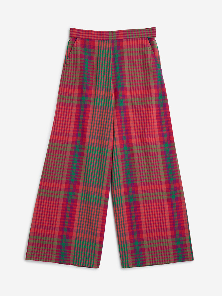 Utsa Kids Red Checkered Cotton Pants - (8-14yrs)