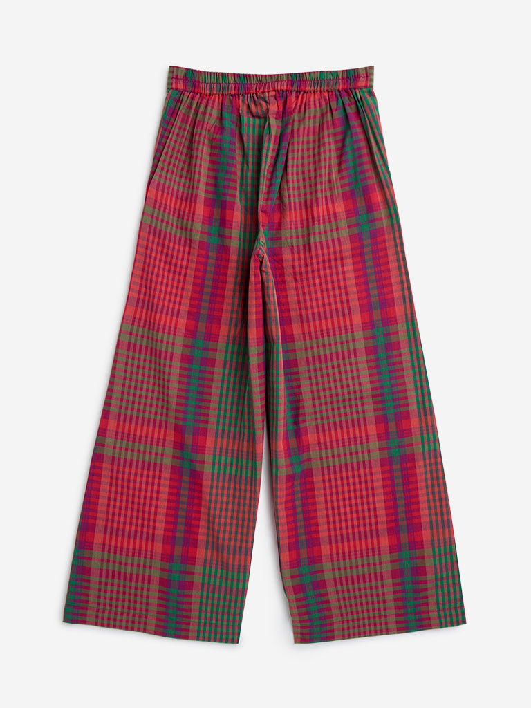 Utsa Kids Red Checkered Cotton Pants - (8-14yrs)
