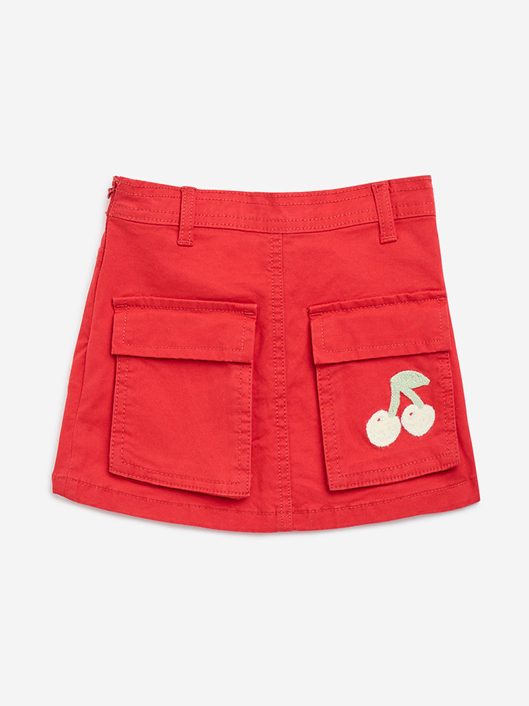 HOP Kids Red Embroidered High-Rise Cotton Skirt