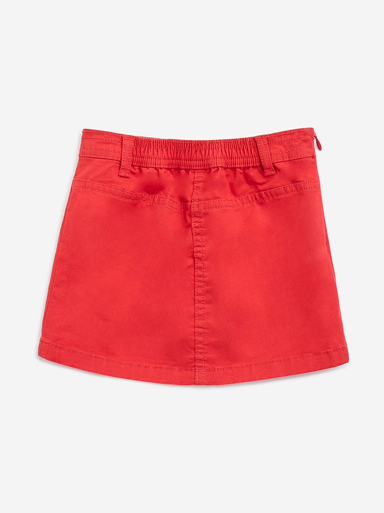 HOP Kids Red Embroidered High-Rise Cotton Skirt