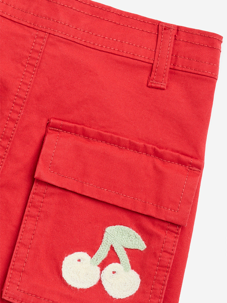 HOP Kids Red Embroidered High-Rise Cotton Skirt