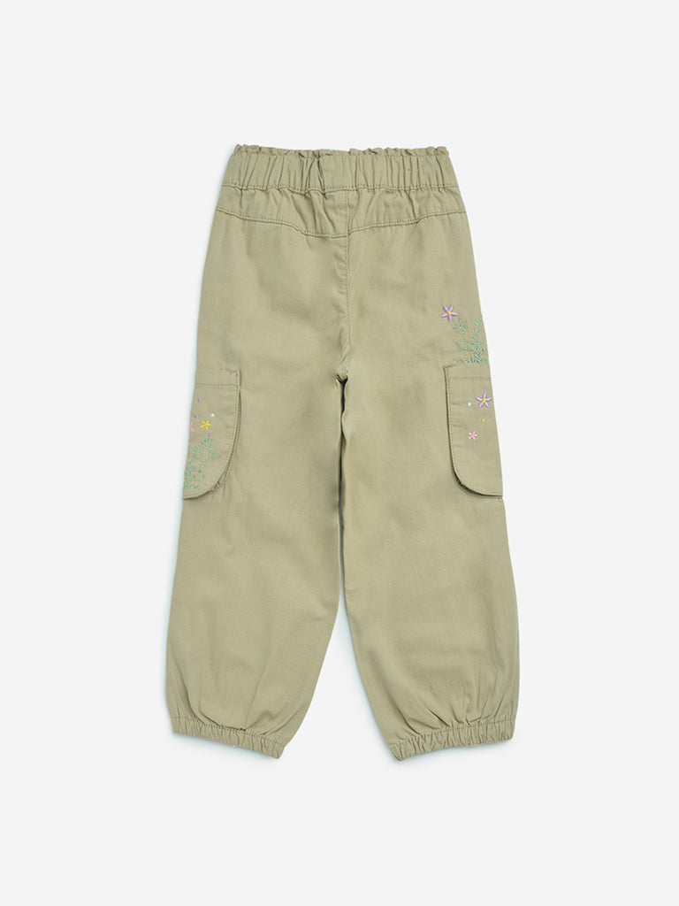 HOP Kids Beige Floral Design High-Rise Cotton Joggers