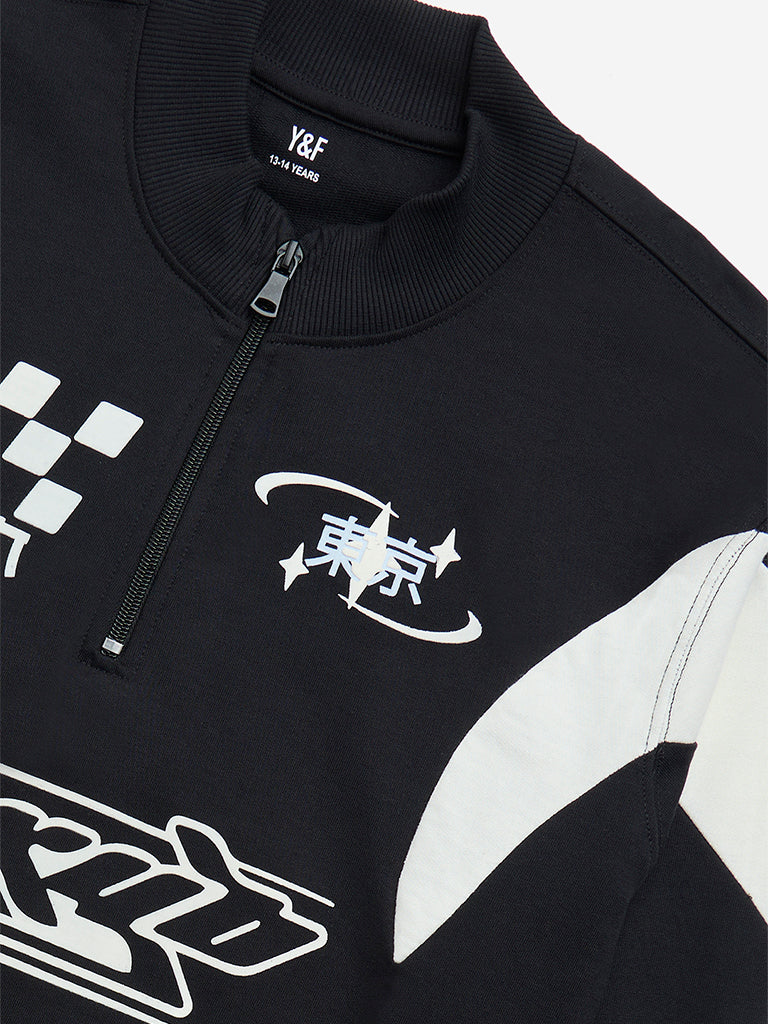 Westside Y&F Boy's Black Text Design Bomber Cotton-Blend Jacket for Casual Wear Zoomed View