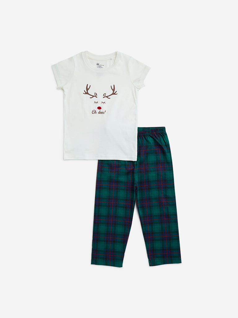 Westside HOP Kids Green Christmas-Themed Cotton Pyjamas Set In A Bag for Casual Wear Front View