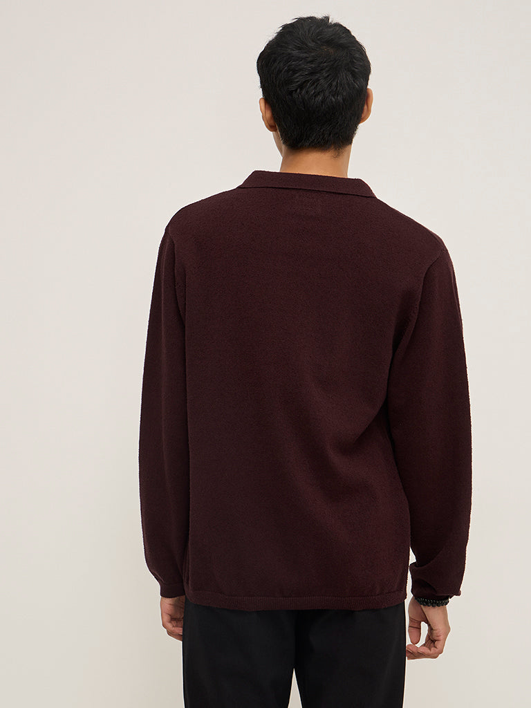 Westside ETA Men's Burgundy Criss-Cross Detailed Relaxed-Fit Cotton-Blend Sweater for Winter Wear Back View