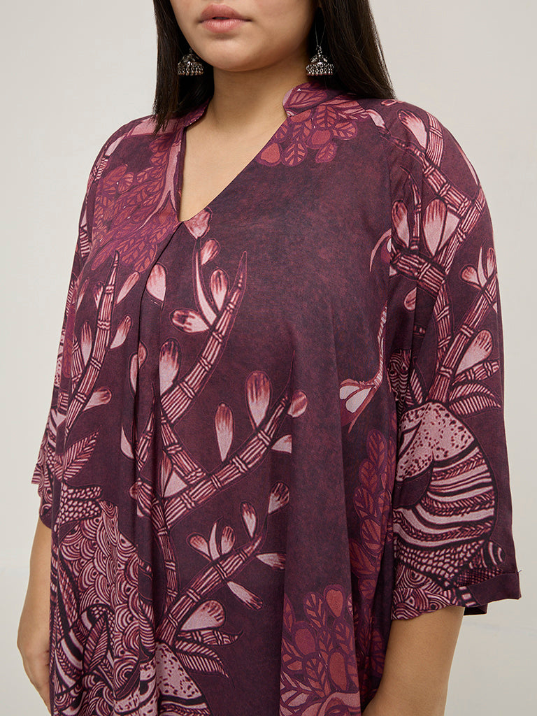 Diza Burgundy Botanical Printed A-Line Kurta