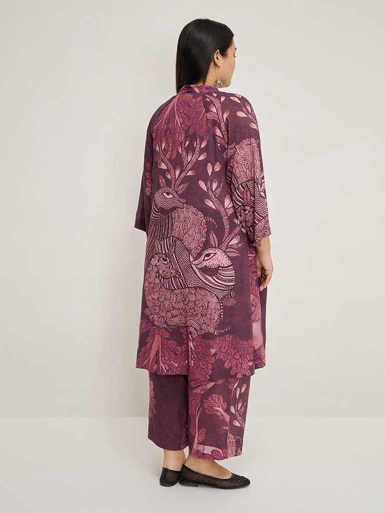 Diza Burgundy Botanical Printed A-Line Kurta