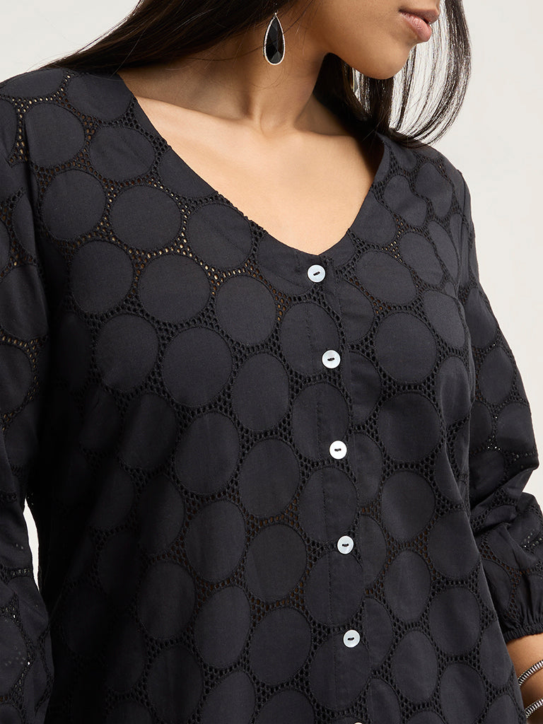 Diza Black Circular Design Drop-Waist Cotton Dress