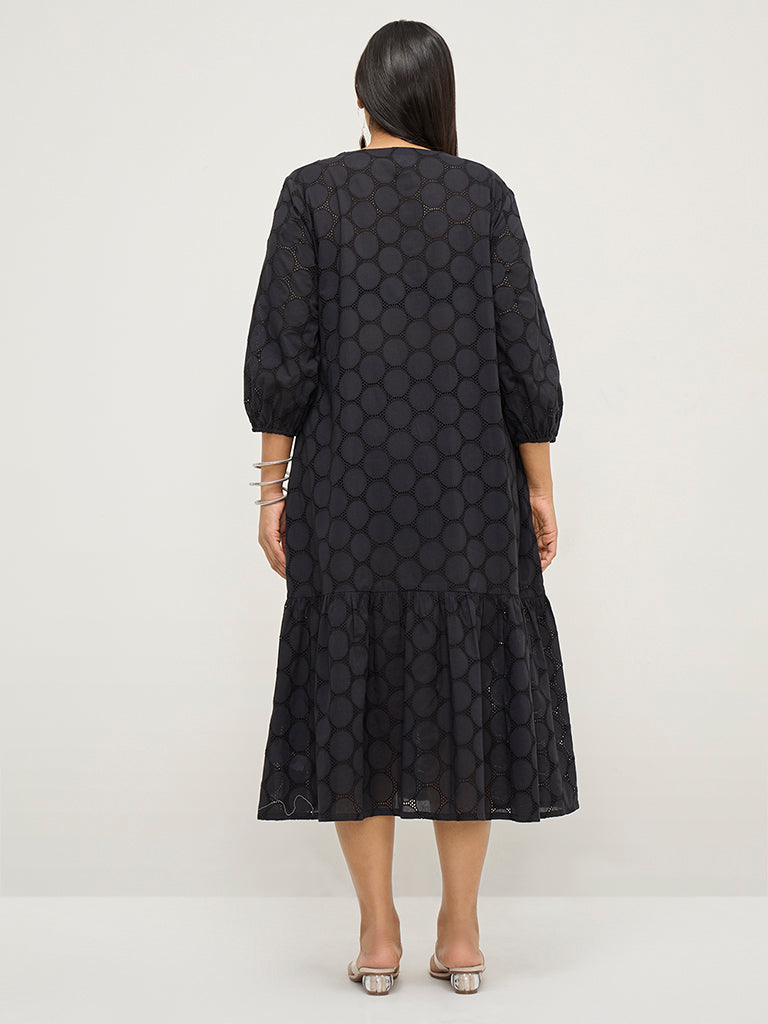 Diza Black Circular Design Drop-Waist Cotton Dress