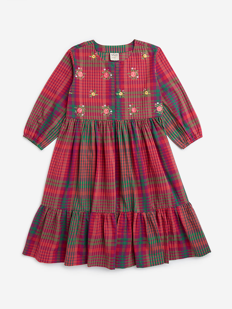 Utsa Kids Red Checks Printed Cotton Tiered Dress - (8-14yrs)