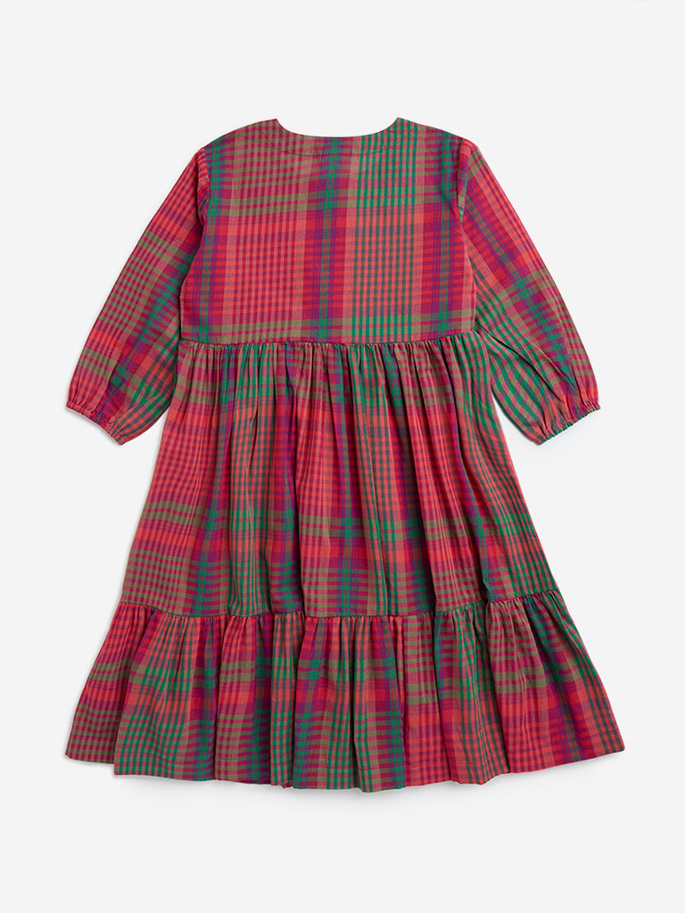 Utsa Kids Red Checks Printed Cotton Tiered Dress - (8-14yrs)