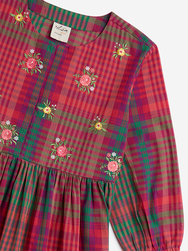 Utsa Kids Red Checks Printed Cotton Tiered Dress - (8-14yrs)