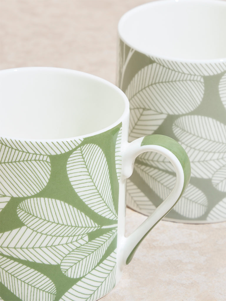 Westside Home Green Leaf Printed Mugs (Set of 2)