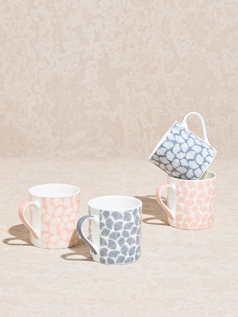 Westside Home Pink and Grey Shells Printed Mugs (Set of 4)