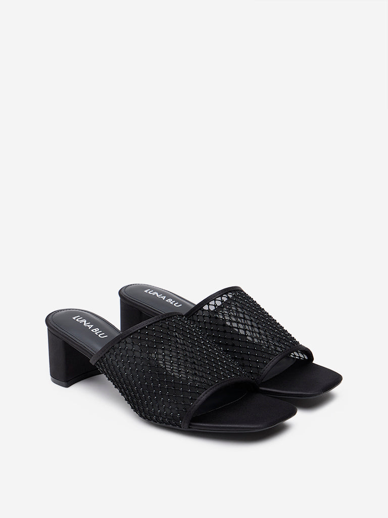 LUNA BLU Black Mesh Detailed Block Heel Sandals