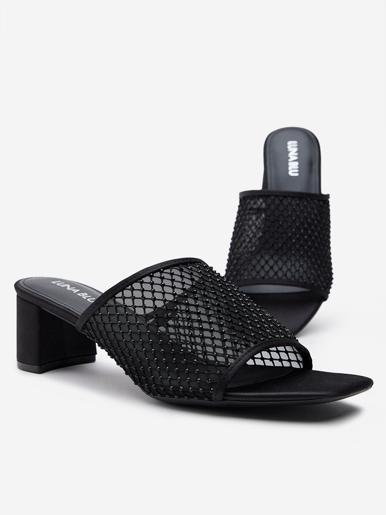 LUNA BLU Black Mesh Detailed Block Heel Sandals