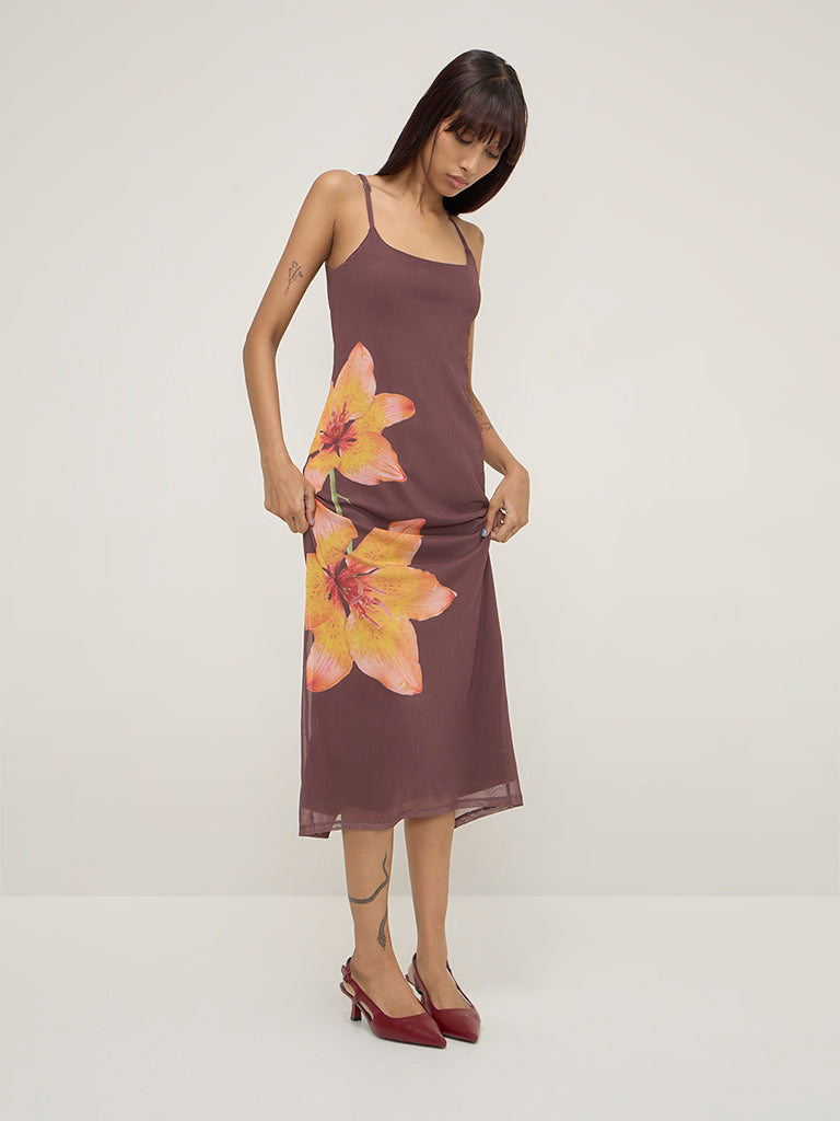 Nuon Dark Brown Floral Printed Straight Dress