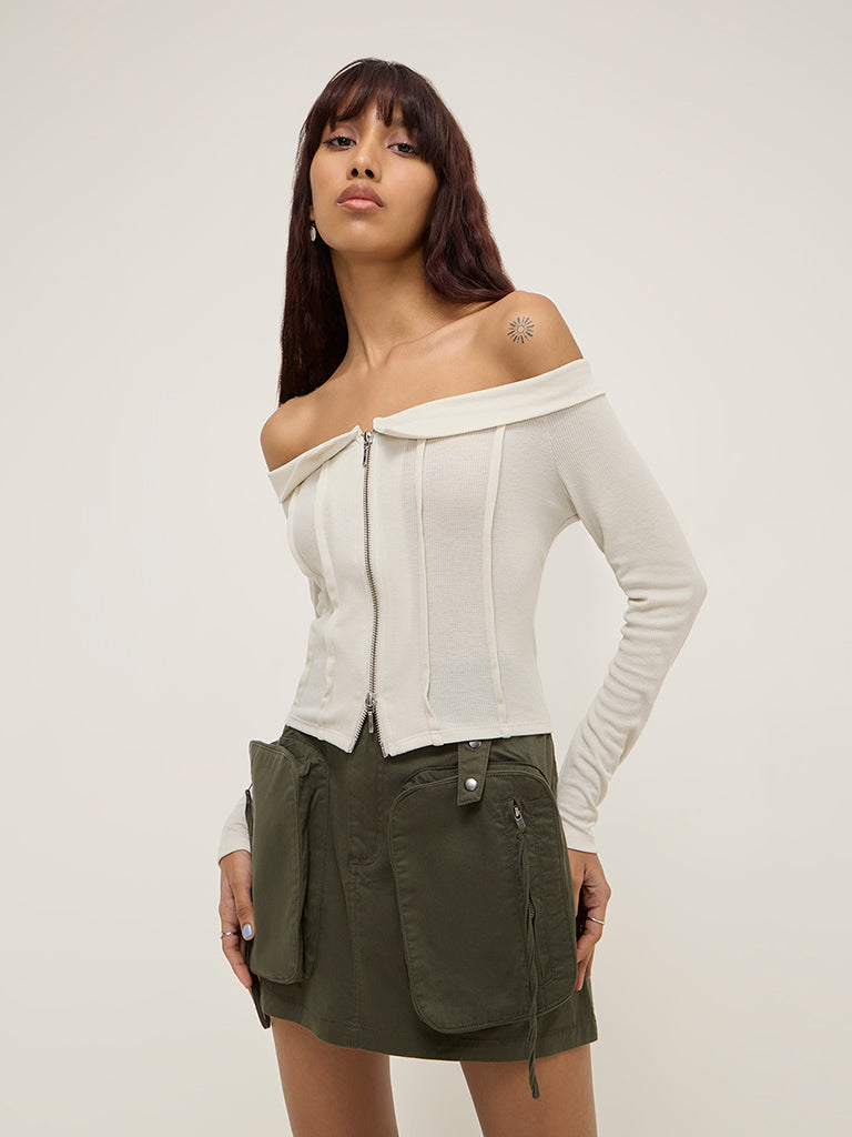 Nuon Off-White Ribbed-Textured Off-Shoulder Top