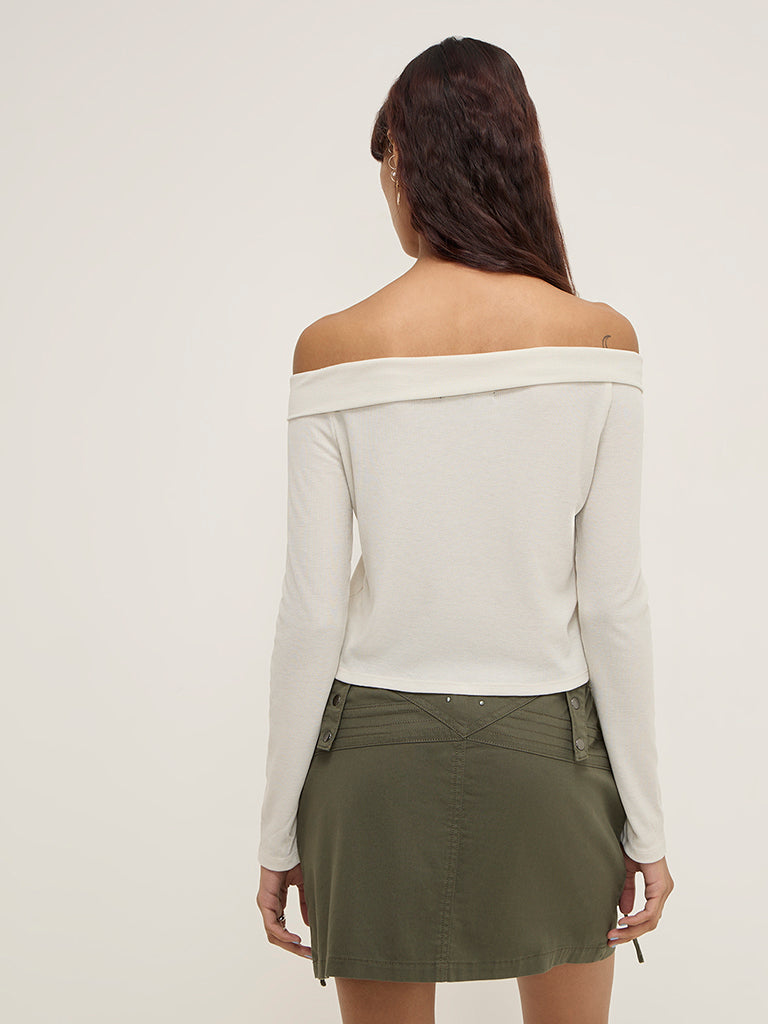 Nuon Off-White Ribbed-Textured Off-Shoulder Top