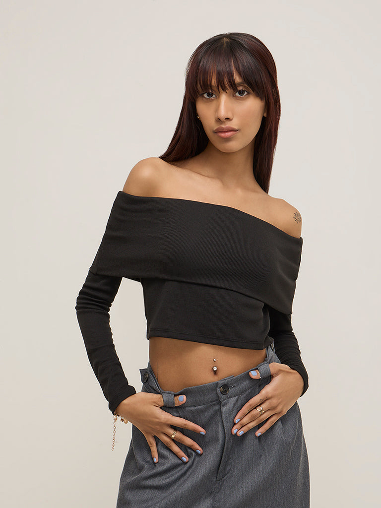 Black ribbed off the shoulder top on sale
