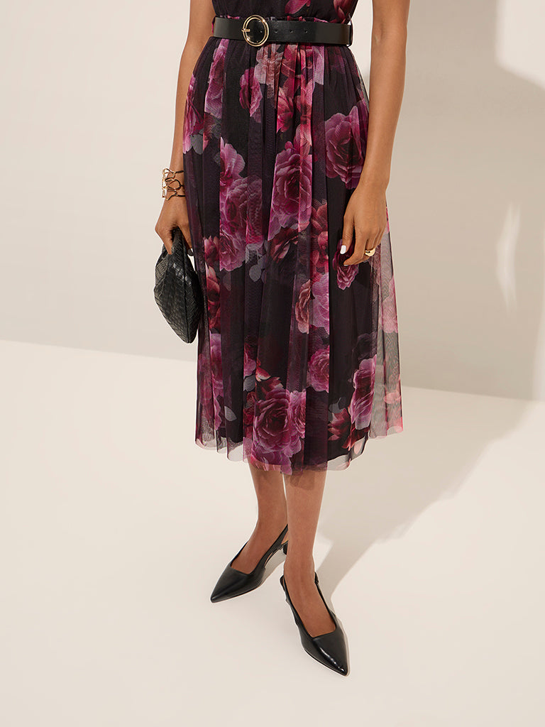 Wardrobe Black Floral Printed A-Line Dress with Belt
