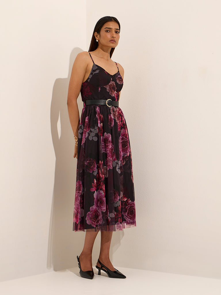 Wardrobe Black Floral Printed A-Line Dress with Belt